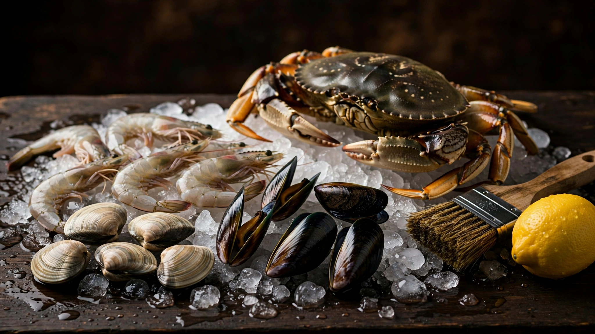 Fresh shrimp, mussels, clams and a whole crab on crushed ice with a stiff brush and a lemon beside them.