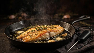 A fish fillet cooking in a hot pan with a digital thermometer resting beside the pan and gentle steam rising