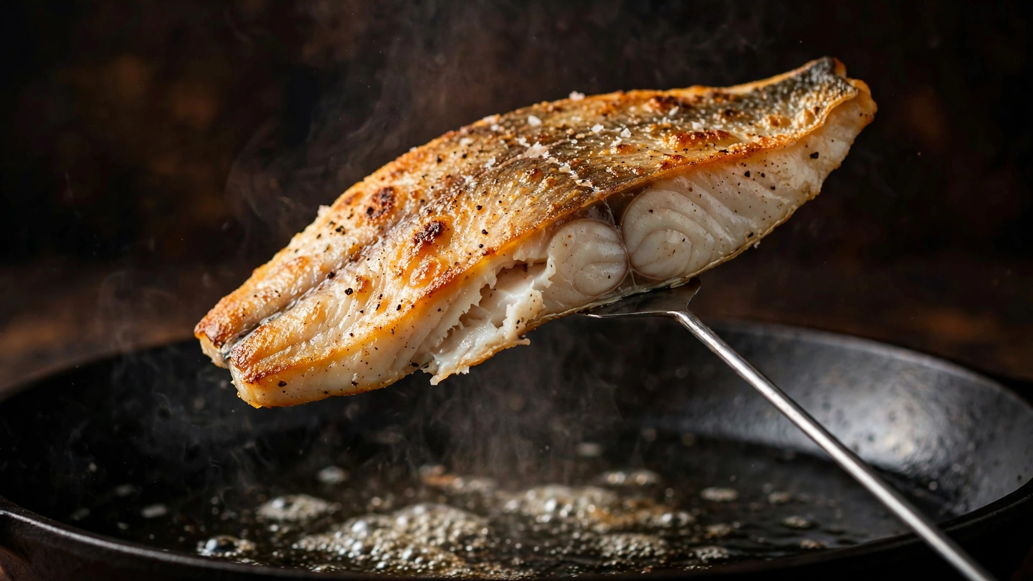A skin-on fish fillet lifting cleanly away from a hot dark pan with a thin spatula, crisp skin facing up, a little steam rising.