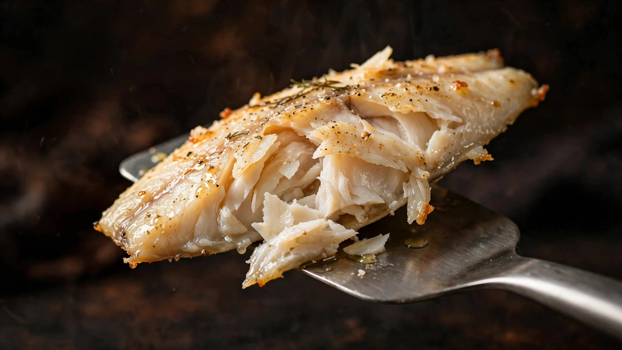 A soft flaking fish fillet being lifted gently with a wide spatula so the flakes stay together.