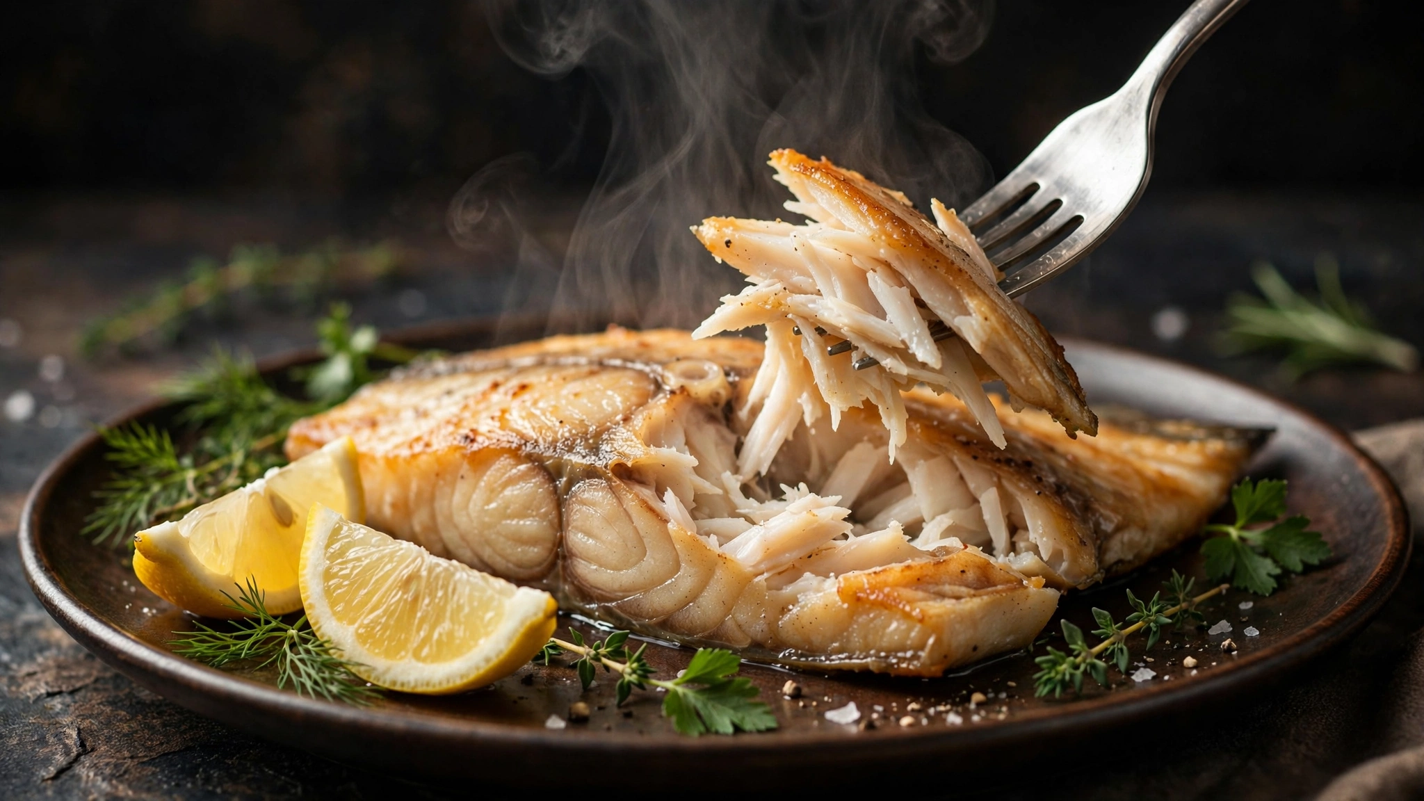 A fork gently lifting flakes at the thickest part of a cooked fish fillet on a dark warm plate with lemon and herbs.