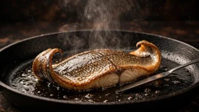 Fish fillet curling in pan with spatula.