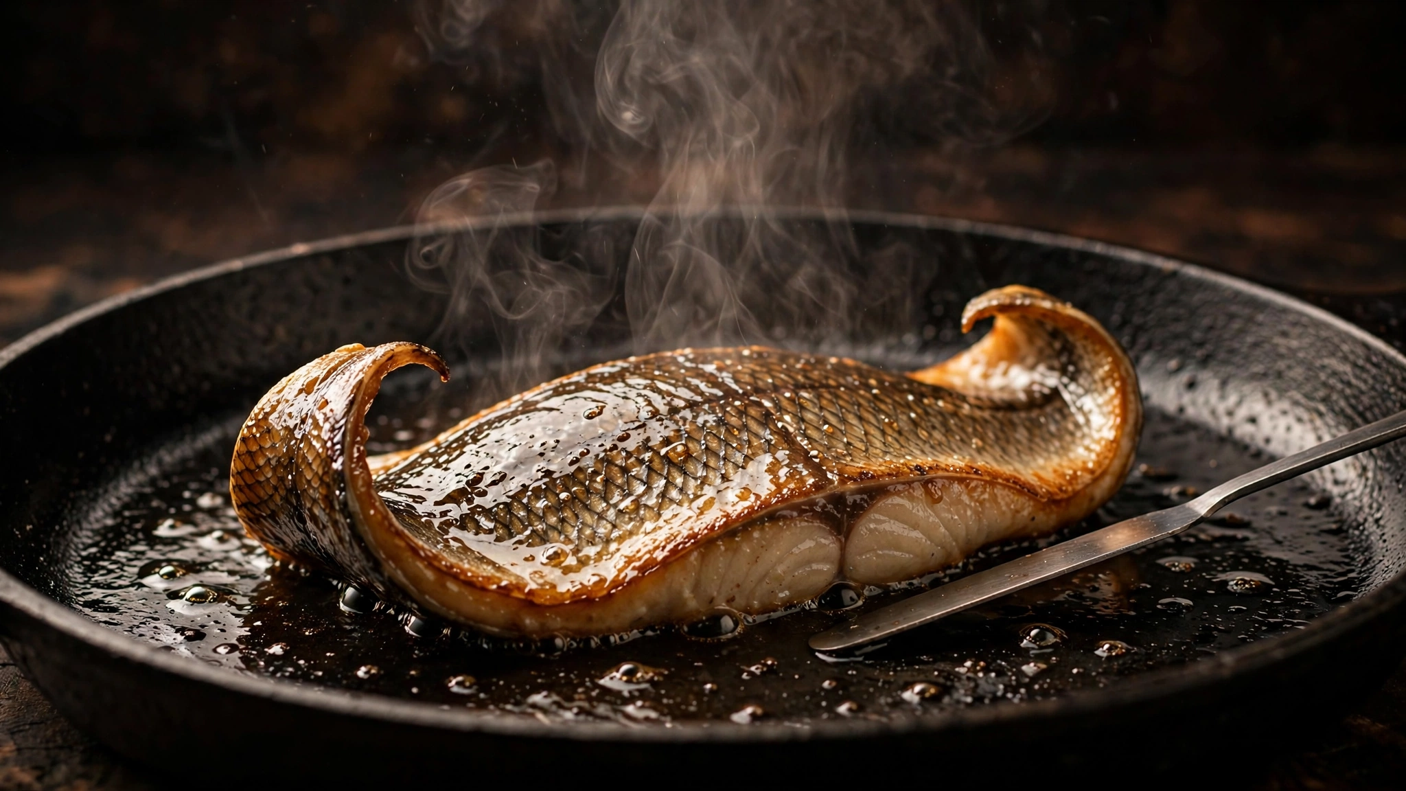 Fish fillet curling in pan with spatula.