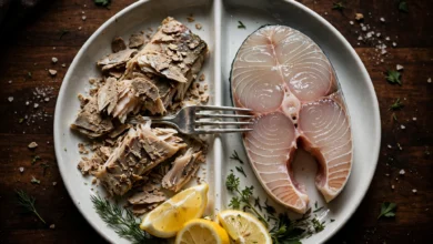A split plate showing dry, chalky overcooked fish beside a fillet with a translucent, glassy undercooked centre, with a fork between them.