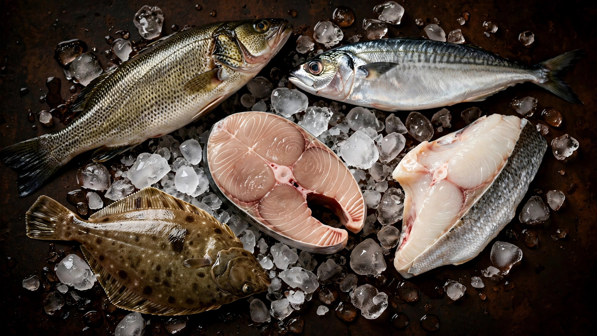 Several whole fish and fillets of different species spread on crushed ice — a small flat fish, a firm steak-cut fish, and a silver whole fish — on a dark warm background.