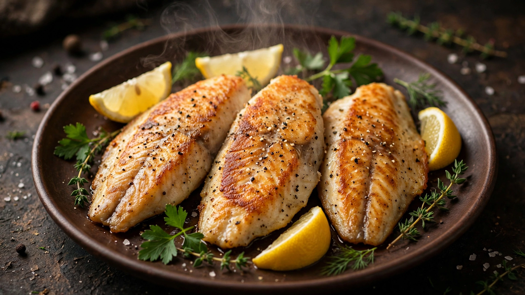 Pan-fried tilapia fillets on a dark warm plate with lemon wedges and fresh herbs, gentle steam.