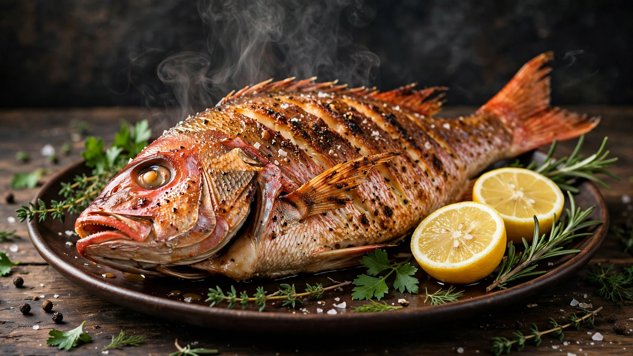 A whole red snapper roasted on a dark warm plate, skin scored and crisped at the edges, with lemon halves and fresh herbs beside it.