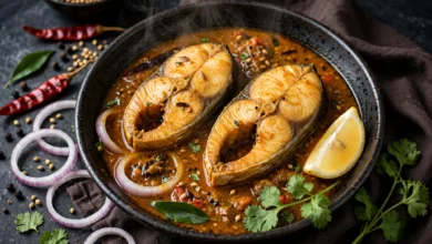 A dark warm bowl of rohu curry with firm fish pieces sitting proud of a rich sauce, a lemon wedge, sliced onion and fresh green herbs at the edge.