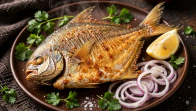 A whole fried pomfret on a dark warm plate, flat silver skin turned golden at the edges, with a lemon wedge, sliced onion and fresh green herbs beside it.
