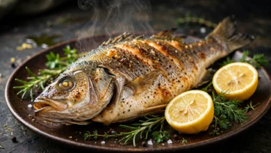 A whole roasted sea bass on a dark warm plate, skin lightly crisped, with lemon halves and fresh herbs beside it.