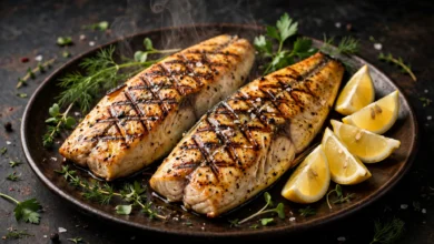 Grilled mahi mahi fillets with clear char marks on a dark warm plate, with lemon wedges and fresh herbs beside them.