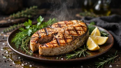 A grilled swordfish steak with clear char marks on a dark warm plate, with lemon wedges and fresh herbs beside it.