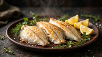 Delicate pan-cooked sole or flounder fillets on a dark warm plate, pale golden surface, with lemon wedges and fresh soft herbs beside them.