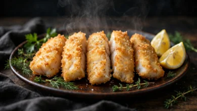 Battered white fish pieces arranged side by side on a dark warm plate, golden crisp coating, with lemon wedges and fresh herbs beside them.