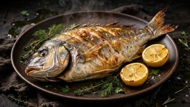 A whole roasted branzino on a dark warm plate, skin lightly golden and crisp at the edges, with lemon halves and fresh herbs beside it.