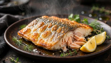 A crisp-skinned Arctic char fillet on a dark warm plate, skin golden and crackled, flesh gently flaked at the edge, with lemon wedges and fresh herbs beside it.