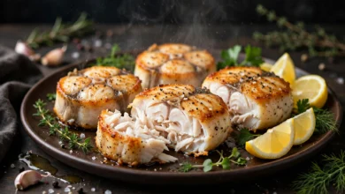 Roasted monkfish medallions on a dark warm plate with golden edges, flesh cut to show firm white flakes, with lemon wedges and fresh herbs beside them.