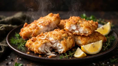Crispy fried basa or pangasius fillet pieces on a dark warm plate with a golden crust, a flaked edge showing soft white flesh, lemon wedges and fresh herbs beside them.