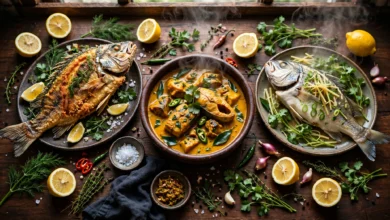 A table-style spread of mixed fish dishes on a dark warm table — a crispy fried whole fish, a gently steamed fish, a bowl of fish curry, lemon halves and fresh herbs around them.