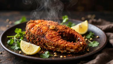 A crispy masala-coated fried fish on a dark warm plate with a deep golden-red spice crust, lemon wedges and fresh coriander beside it.
