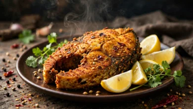 A crisp masala-fried fish on a dark warm plate with a deep golden spice crust, lemon wedges and fresh coriander beside it.
