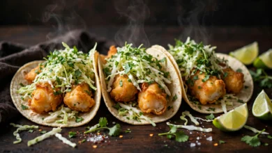 Fish tacos on a dark warm table: golden fish pieces in soft tortillas with fresh shredded cabbage and herbs on top and lime wedges beside them.