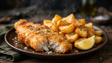 A golden battered fish fillet with chunky golden chips on a dark warm plate, a lemon wedge beside it.