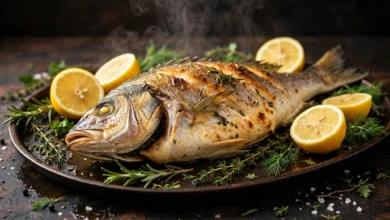 A whole baked fish on a dark warm tray with lightly golden skin, lemon halves and fresh herbs around it.