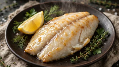 A gently cooked fish fillet with a light glossy glaze on a dark warm plate, a lemon wedge and fresh herbs beside it, gentle steam.