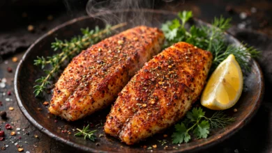 Crisp spice-coated fried fish fillets with lemon wedges and sliced onion on a dark plate, steam rising from the crust.