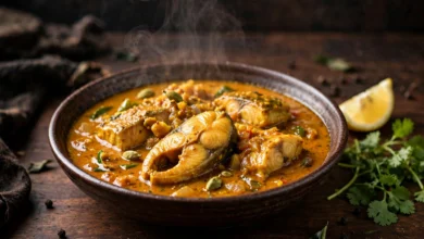 A bowl of Thai-style fish curry on a dark warm table, whole cooked fish pieces in a rich curry sauce with lemon and fresh herbs beside it.
