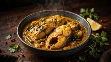 A bowl of Indian fish curry with firm fish pieces in rich sauce, lemon and fresh herbs beside it.