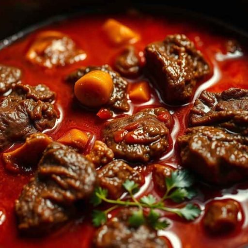 Create a closeup vibrant image of Stewing beef in a Pot